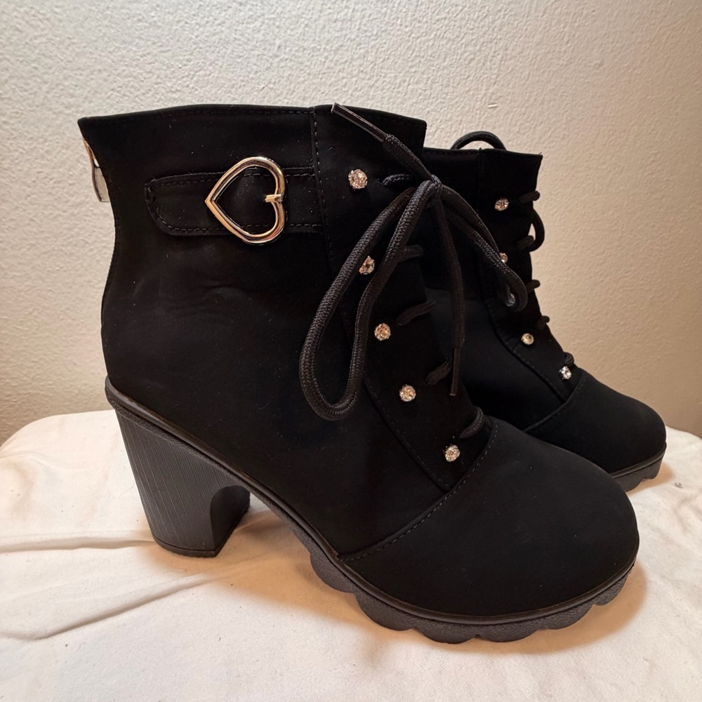 Black Lace-Up Ankle Boots with Heart Buckle